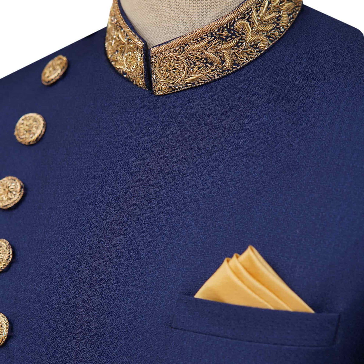 Luxurious golden embellished prince coat self designed with pocket square and embellished collar| Navy blue prince coat for groom 4