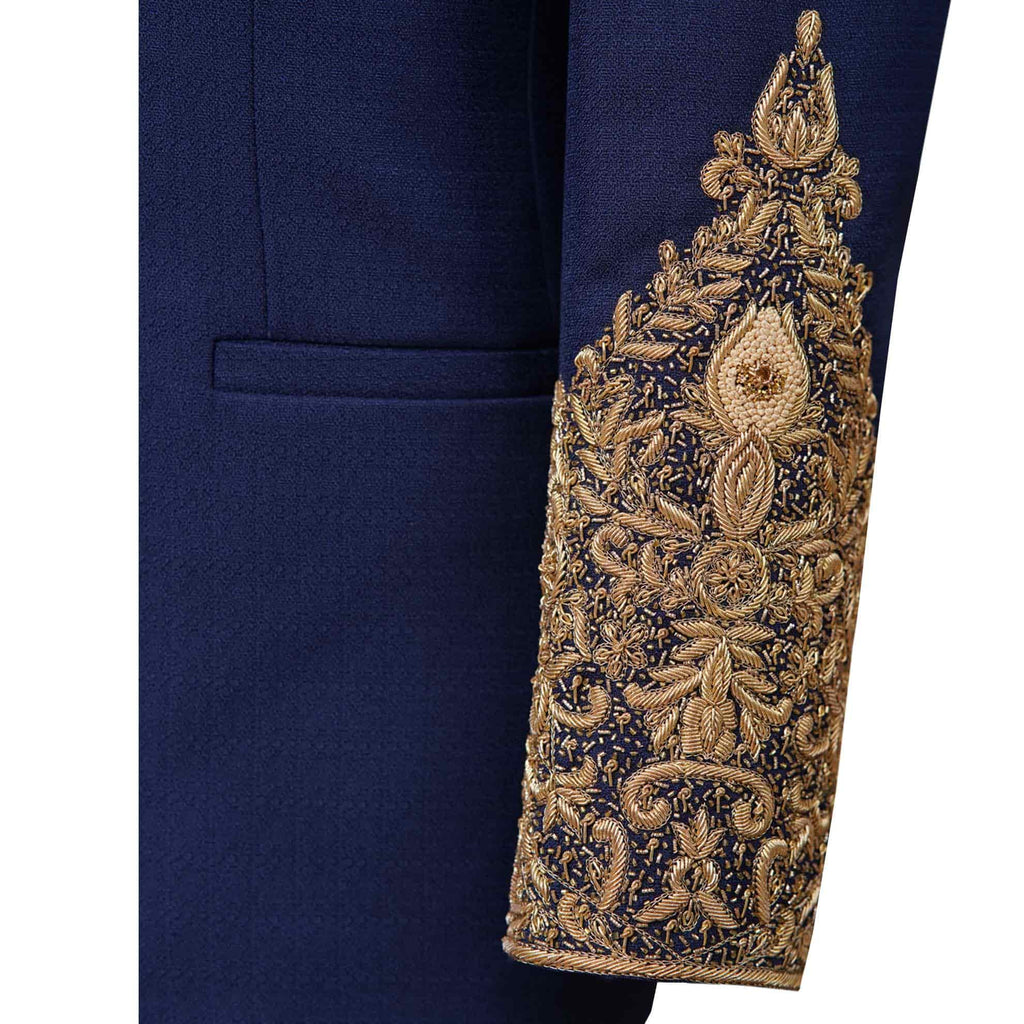 Luxurious golden embellished prince coat self designed hand embellishmetns | Navy blue prince coat for groom 5