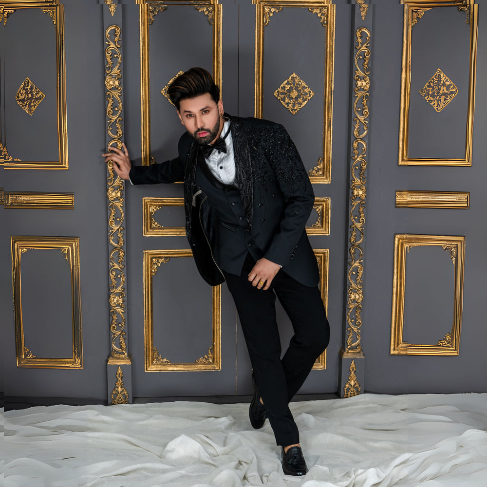 Luxury Black Hand-Embellished Designer Tuxedo Suit for Men