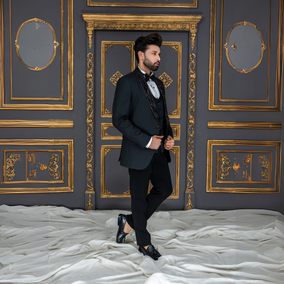 Luxury Black Hand-Embellished Designer Tuxedo Suit for Men