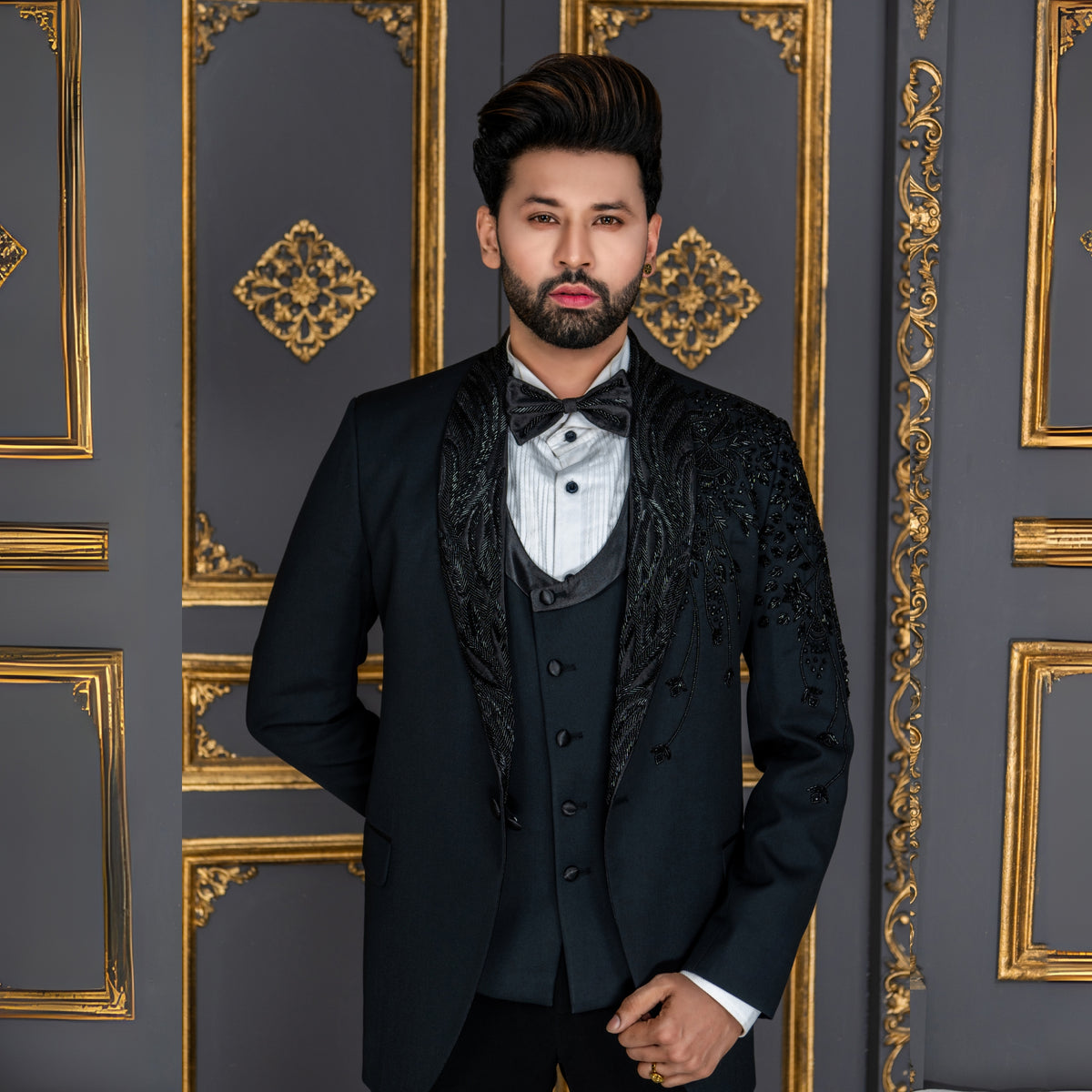Luxury Black Hand-Embellished Designer Tuxedo Suit for Men
