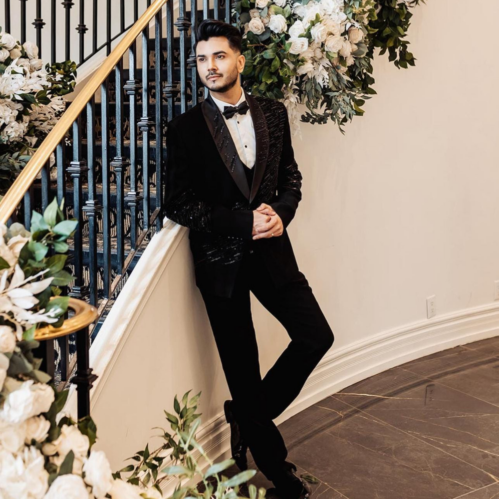 Luxury Hand Embellished Black Tuxedo Suit for Groom