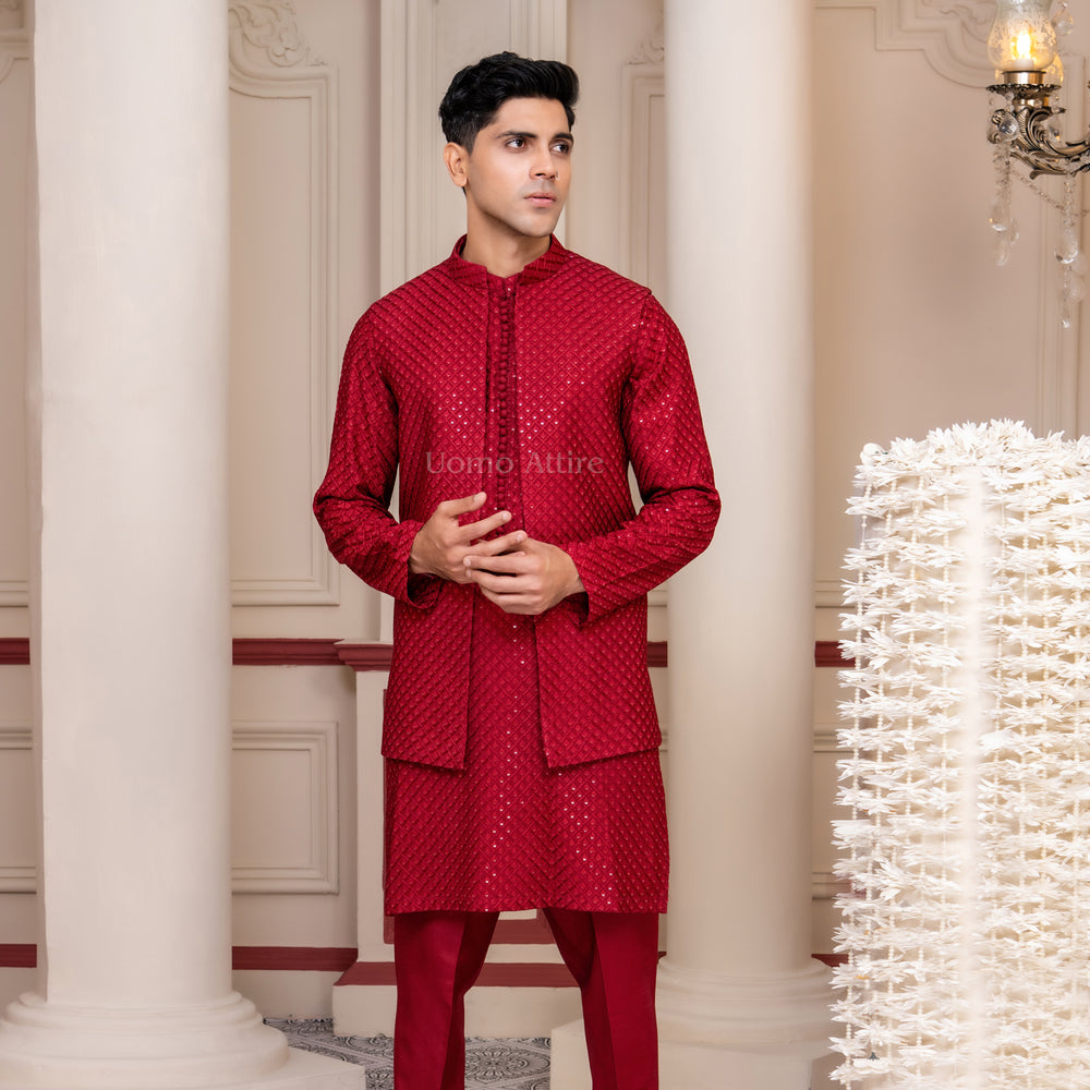 Luxury Embroidered Open-Front Waistcoat Matching Kurta Set