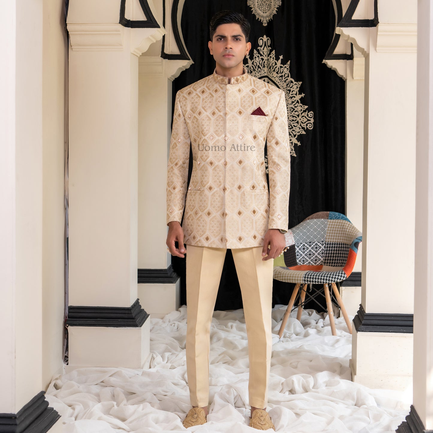 Elegant Golden Prince Coat Handmade Luxury Uomo Attire