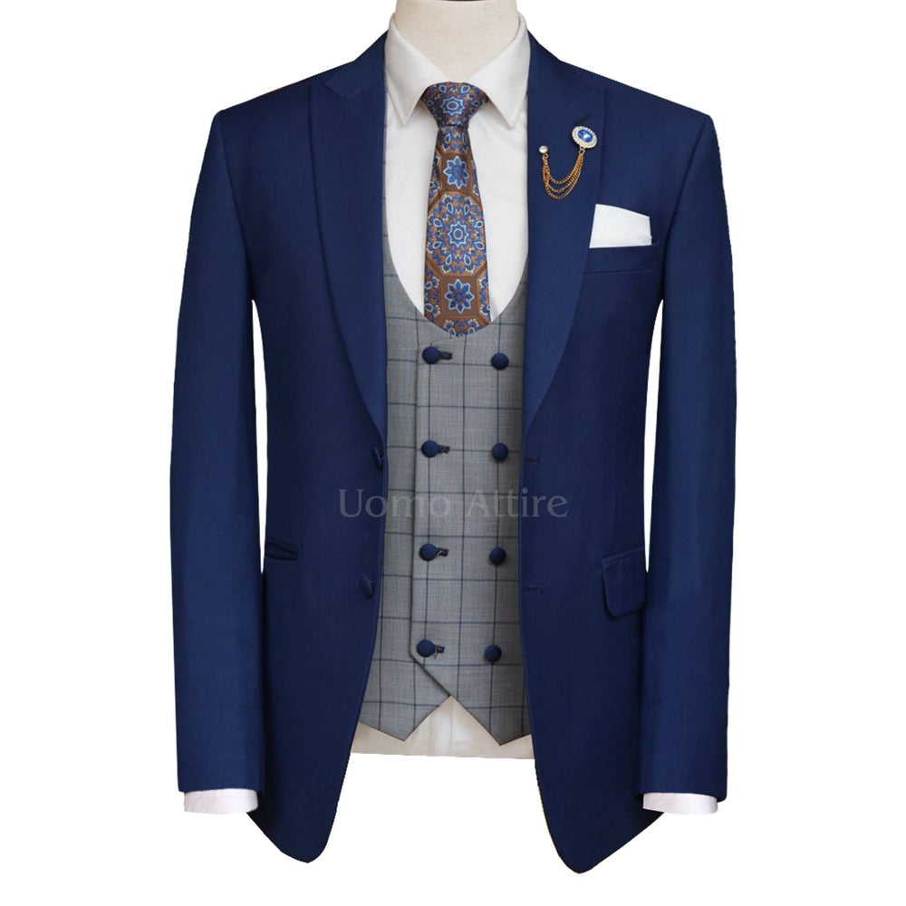 Made-to-order light weight woolen Italian 3 piece suit | Blue Suit for Men