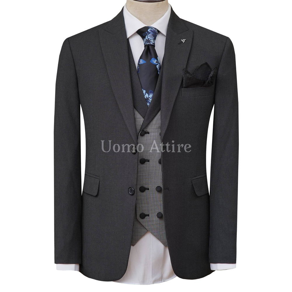 Bespoke Shark Skin Mens 3 Piece Suit with Double Breasted Vest