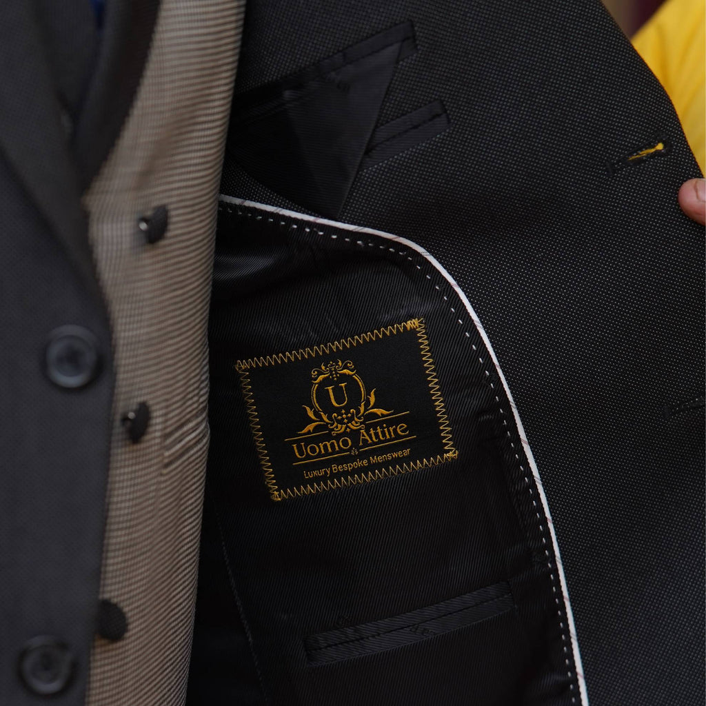 Bespoke Shark Skin Mens 3 Piece Suit with Double Breasted Vest inside round fashion