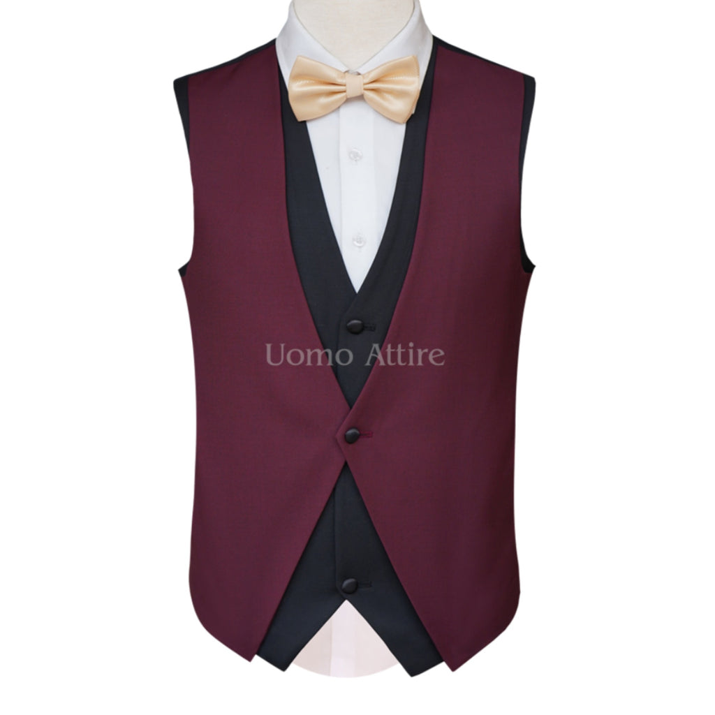 Maroon Burgundy Tuxedo Vest _ Burgundy and Black Contrast Vest