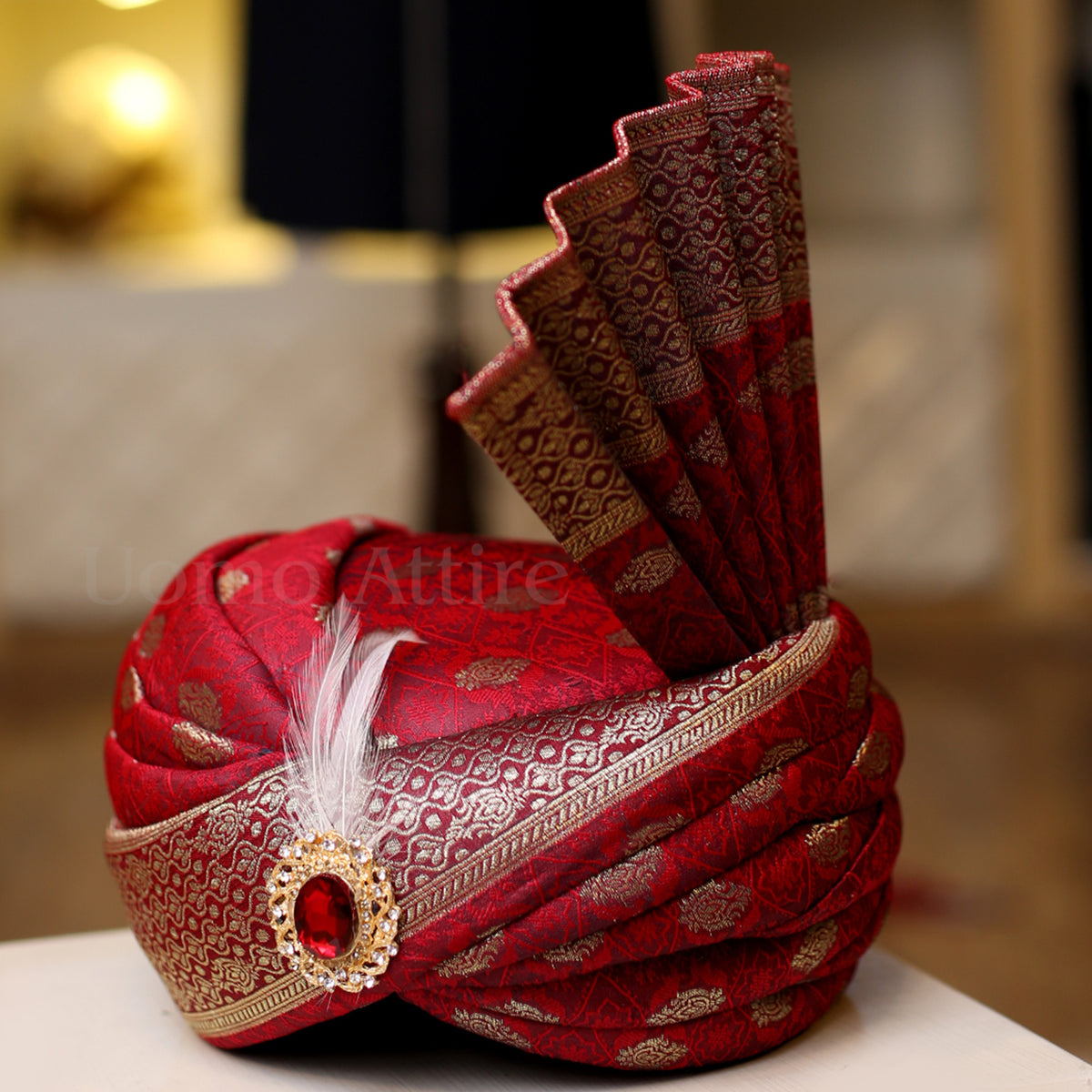 Jamawar Maroon Turban for Groom