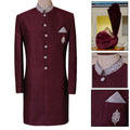 Maroon Self Textured Jamawar Wedding Sherwani For Groom