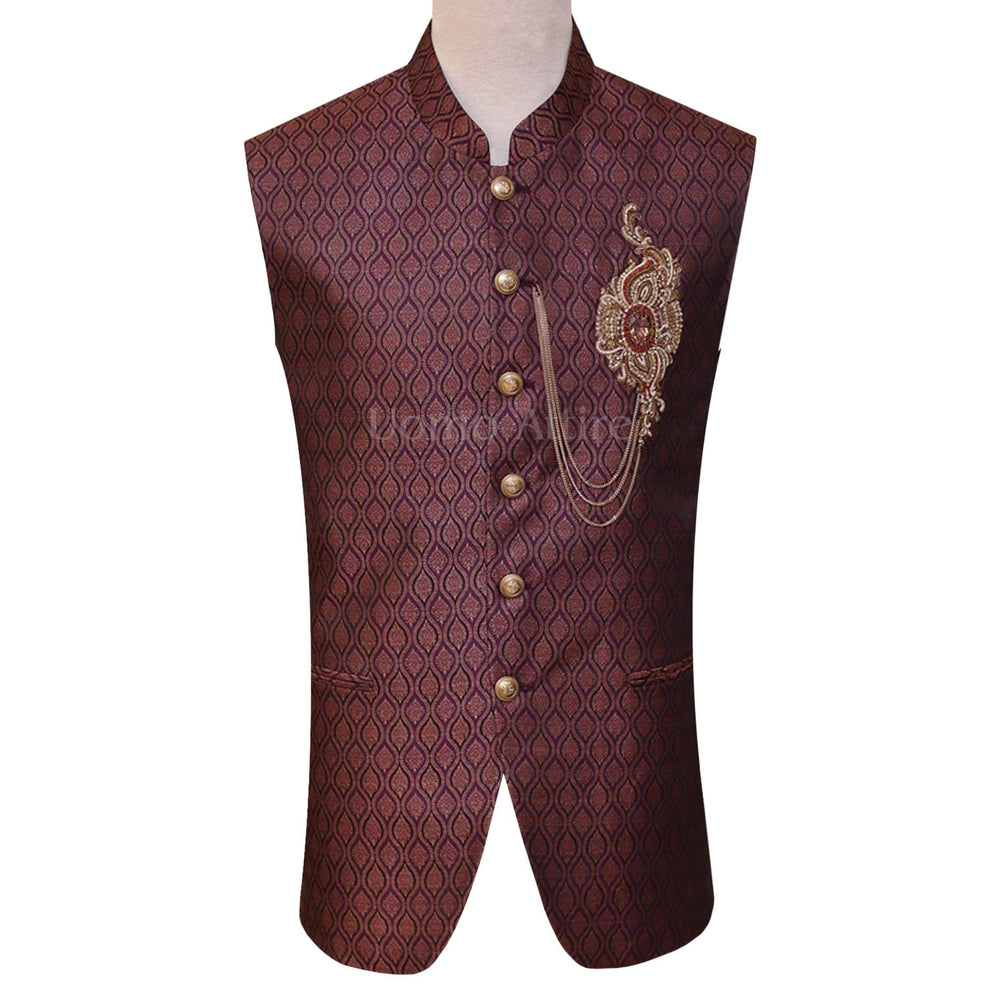 Maroon jamawar waistcoat with embellished motif