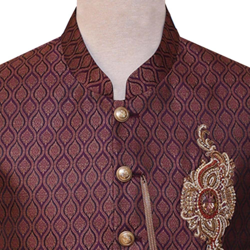 
                  
                    Maroon jamawar waistcoat with embellished motif 3
                  
                