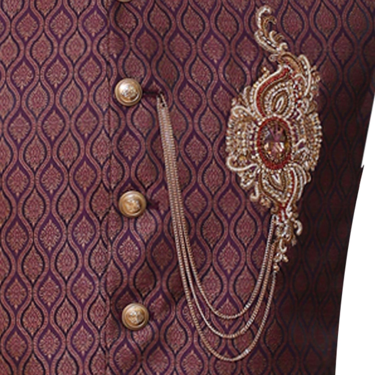 
                  
                    Maroon jamawar waistcoat with embellished motif 2
                  
                