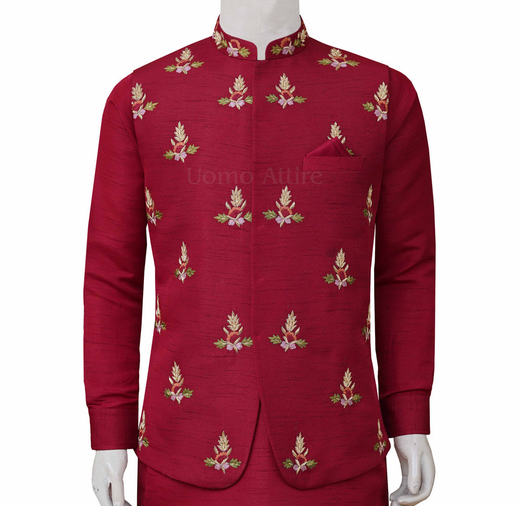 Waistcoat | Resham Embellished Waistcoat | Maroon Waistcoat with Embellishments