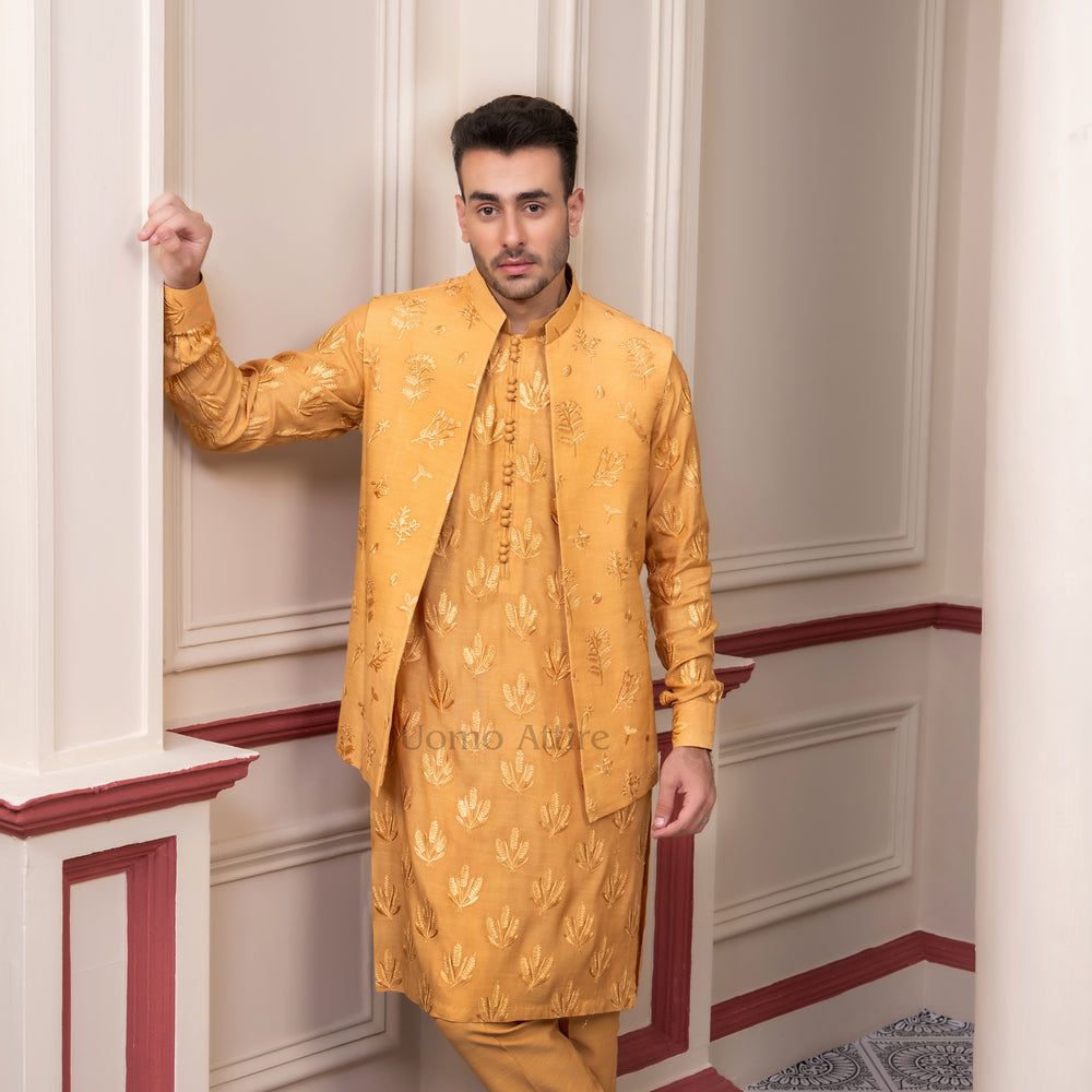 Elegant Mustard Yellow Kurta and Waistcoat Set | Uomo Attire Elegant Mustard Yellow Kurta and Waistcoat Set | Uomo Attire