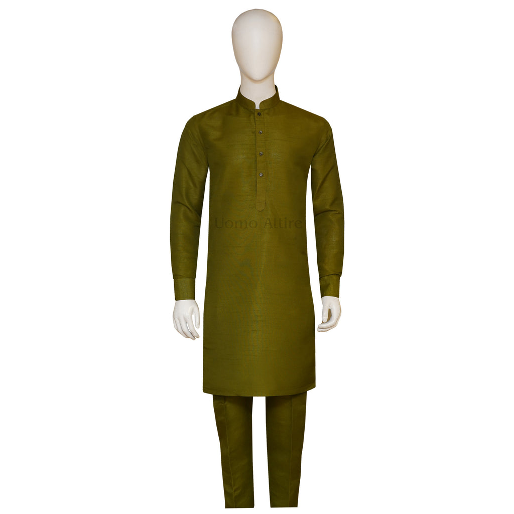 Mehndi kurta pajama in raw silk fabric | Kurta Pajama for Men