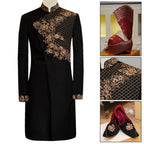 Men's Black Wedding Sherwani For Groom With Hand Jewelery