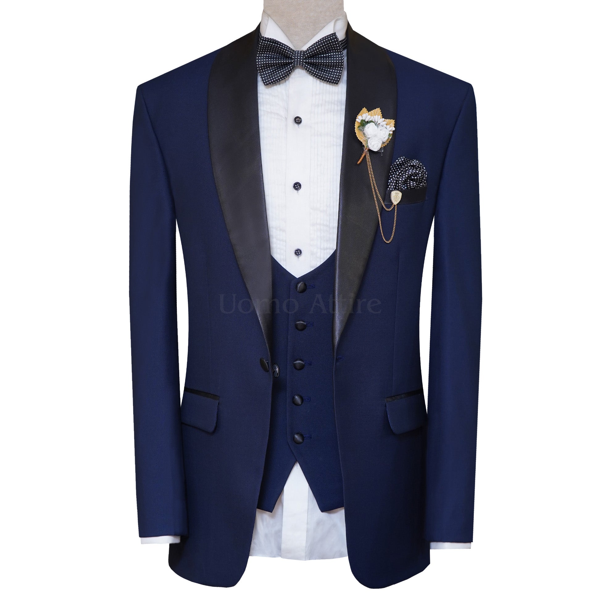 Blue Groom Tuxedo Suit for Wedding with Black Velvet Shawl