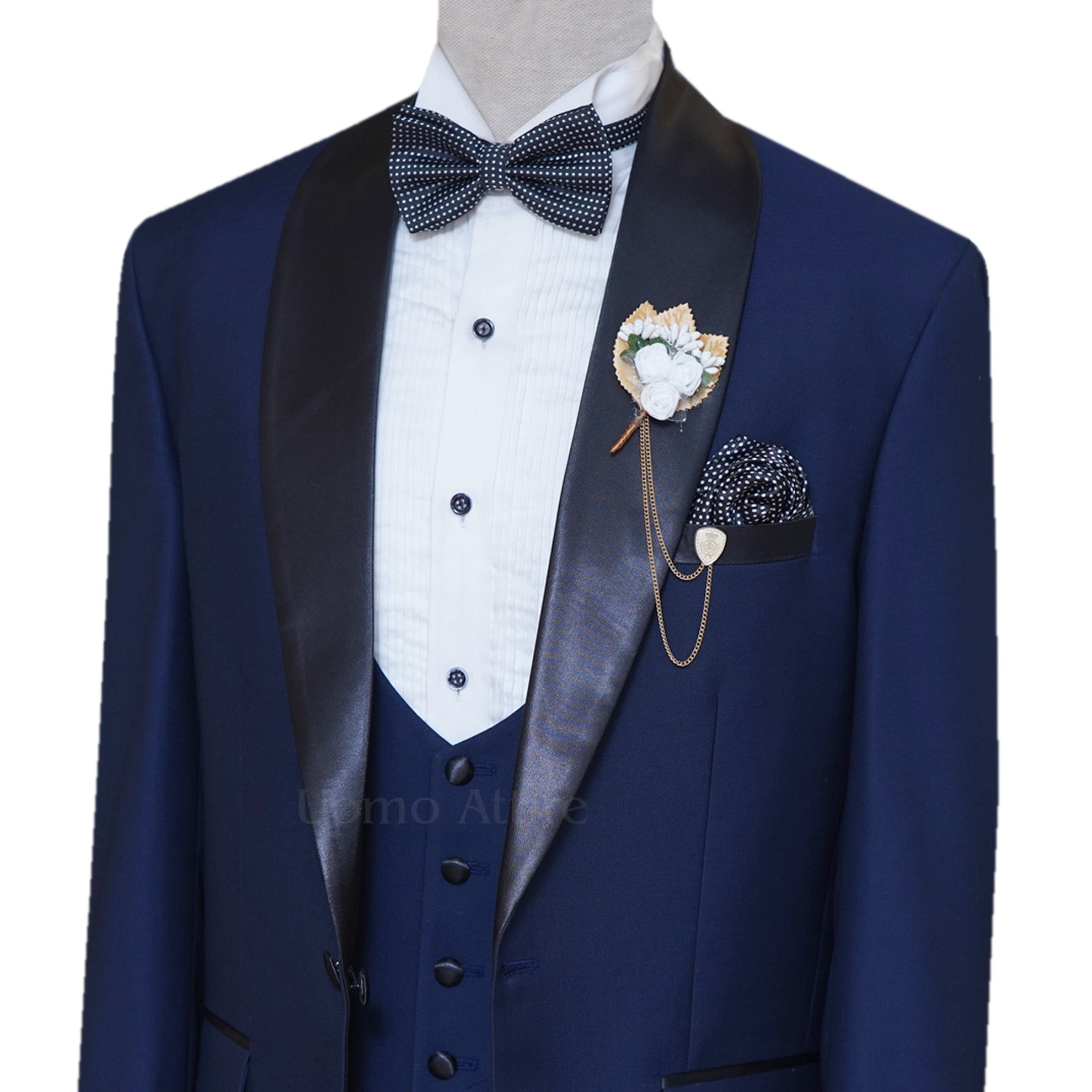 Men's Blue Tuxedo with Black Satin Shawl Collar Uomo Attire