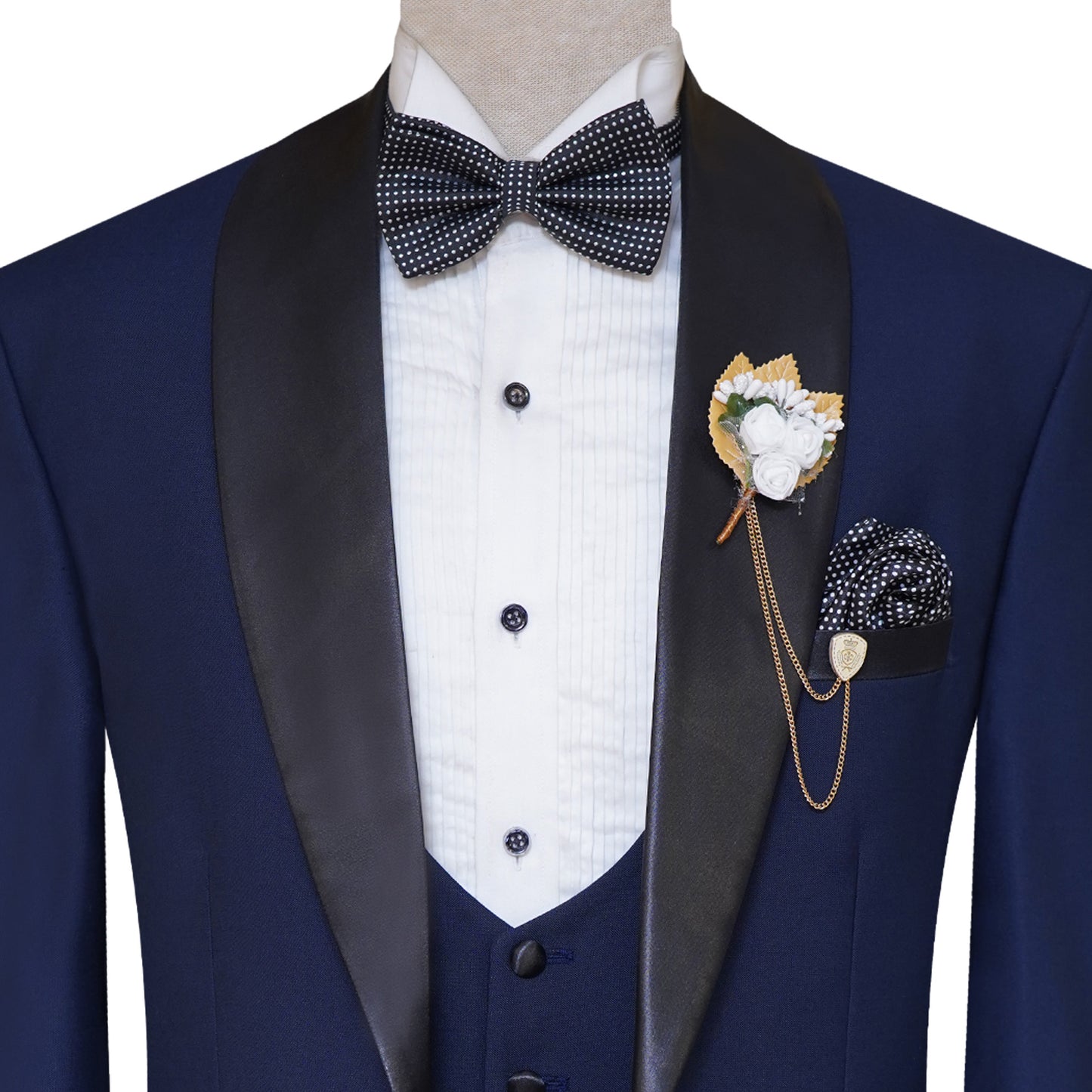 
                  
                    Men's Blue Tuxedo with Black Satin Shawl Collar
                  
                