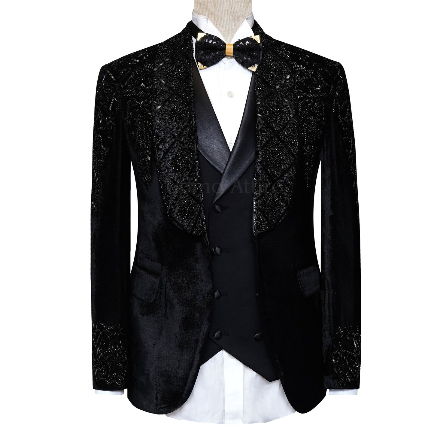Men's Luxury Bespoke Embellished Black Velvet Tuxedo 3 Piece Suit