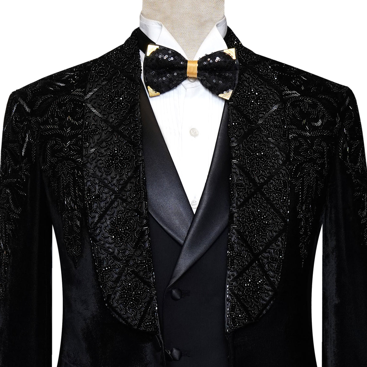 Men's Luxury Bespoke Embellished Black Velvet Tuxedo 3 Piece Suit ...