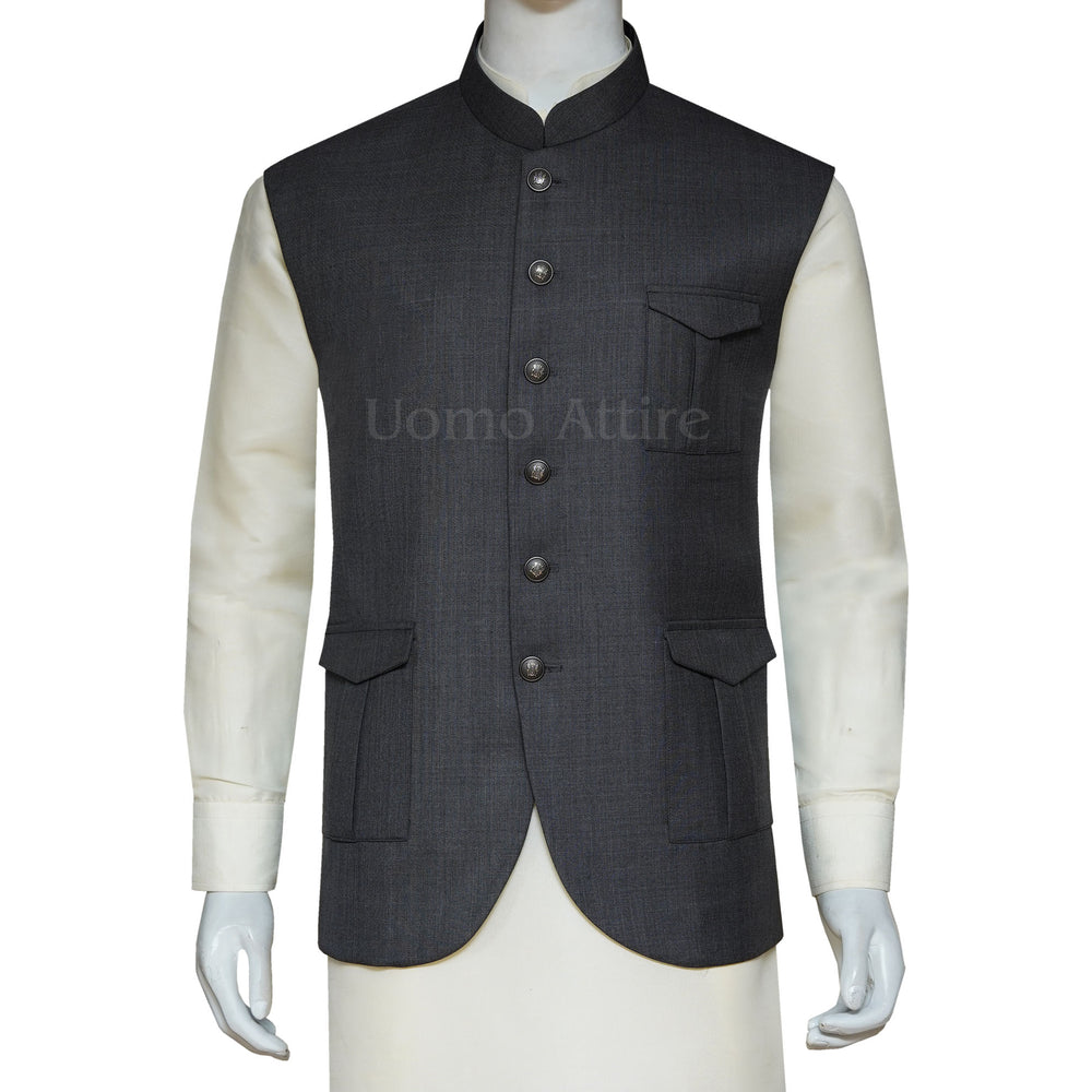Men's Safari Style Bird Eye Woolen Fabric Gray Waistcoat | Gray Waistcoat
