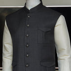 Men's Safari Style Bird Eye Woolen Fabric Gray Waistcoat