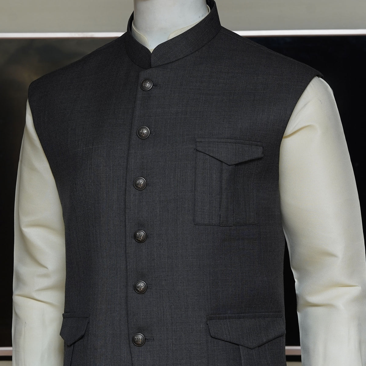 Men's Safari Style Bird Eye Woolen Fabric Gray Waistcoat