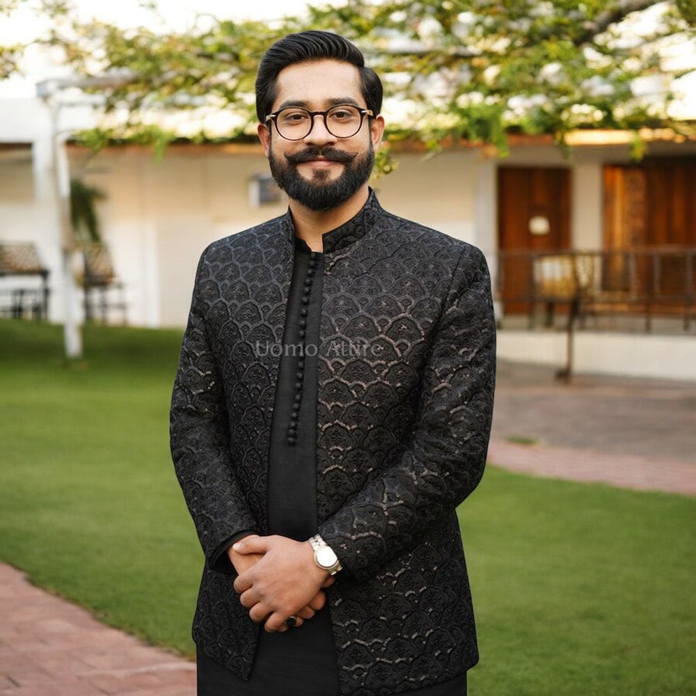 Luxurious Black Embroidered Open Front Prince Coat with Kurta Pajama Set Luxurious Black Embroidered Open Front Prince Coat with Kurta Pajama Set