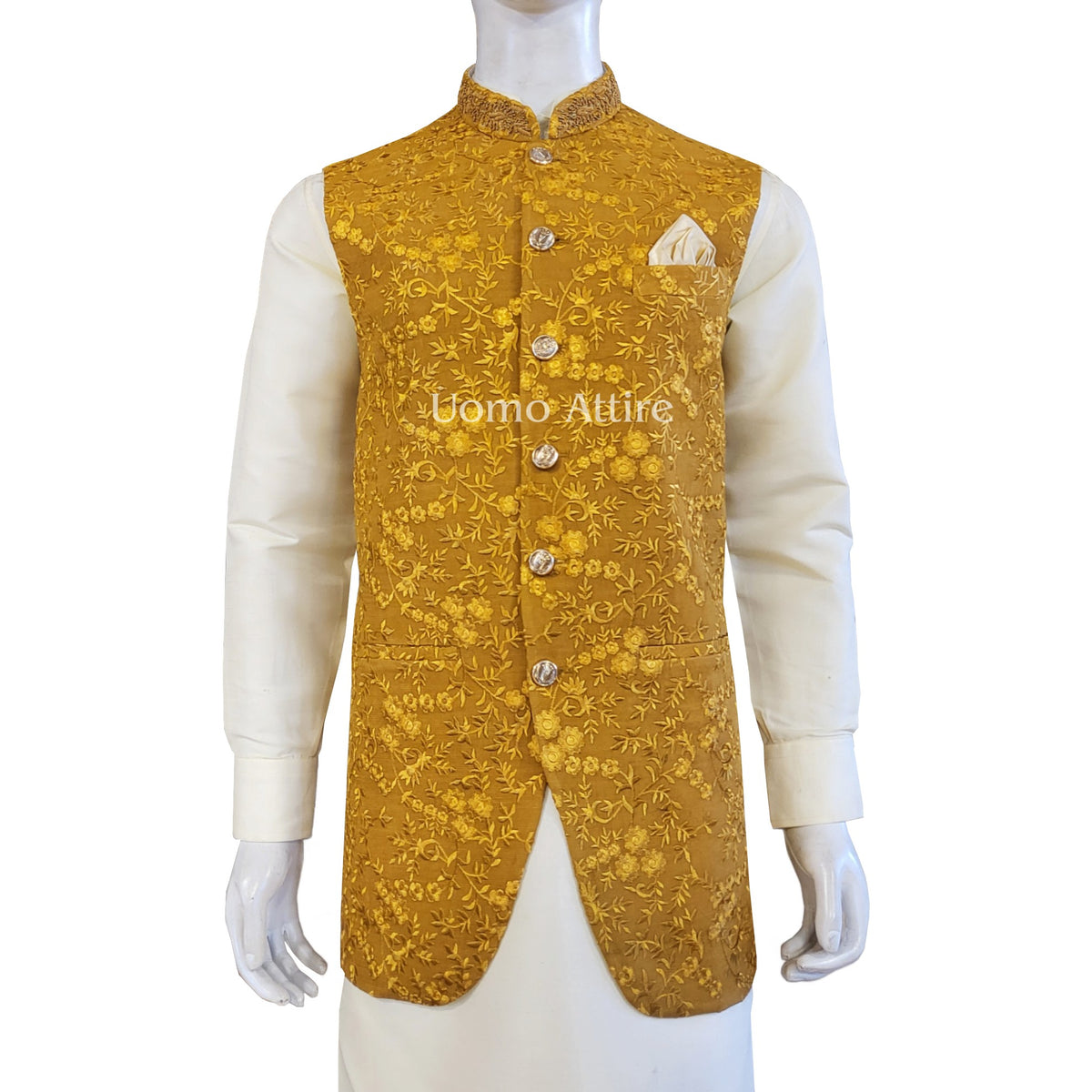Men's Mustard Designer Mehndi Waistcoat