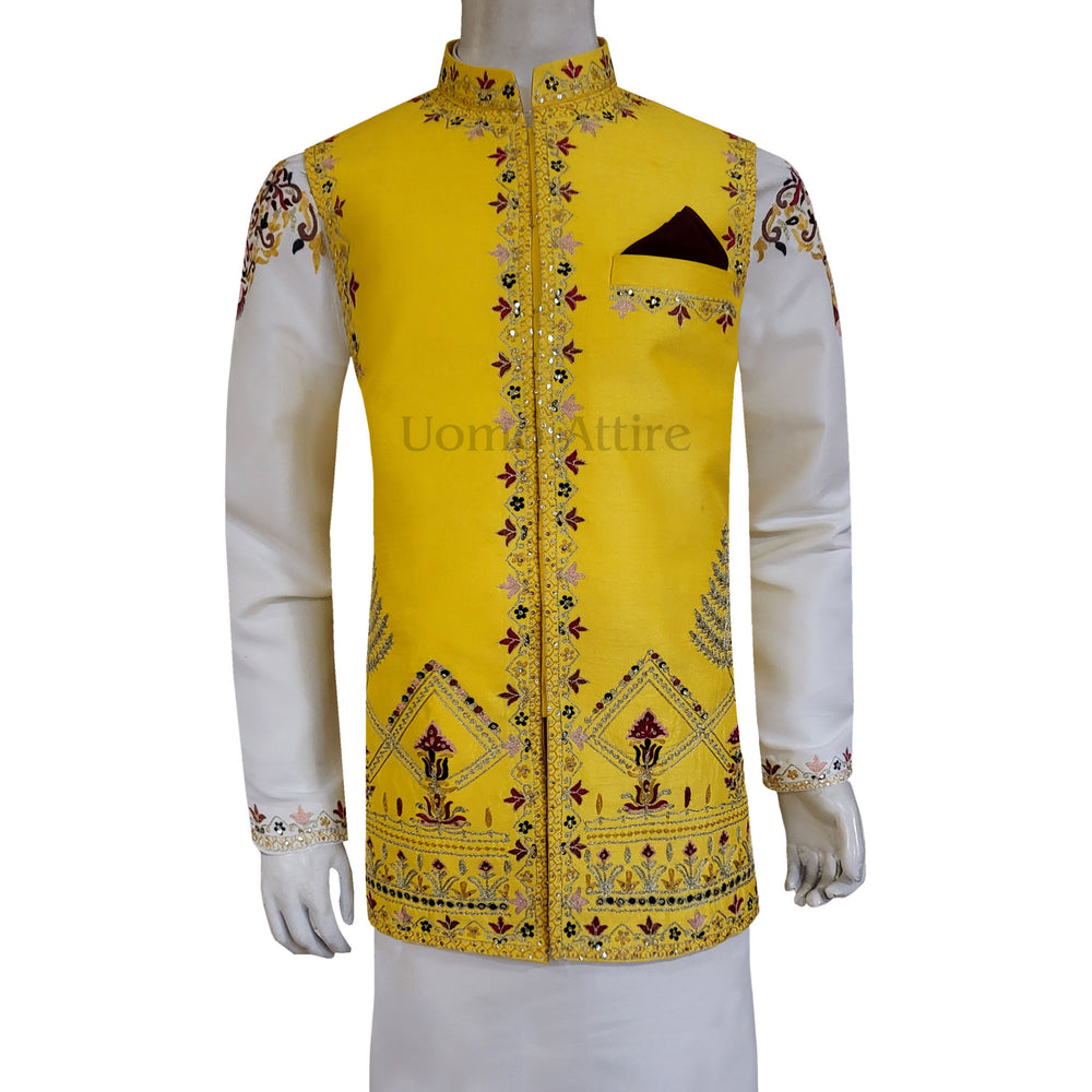 Mens Designer Yellow Waistcoat for Mehndi