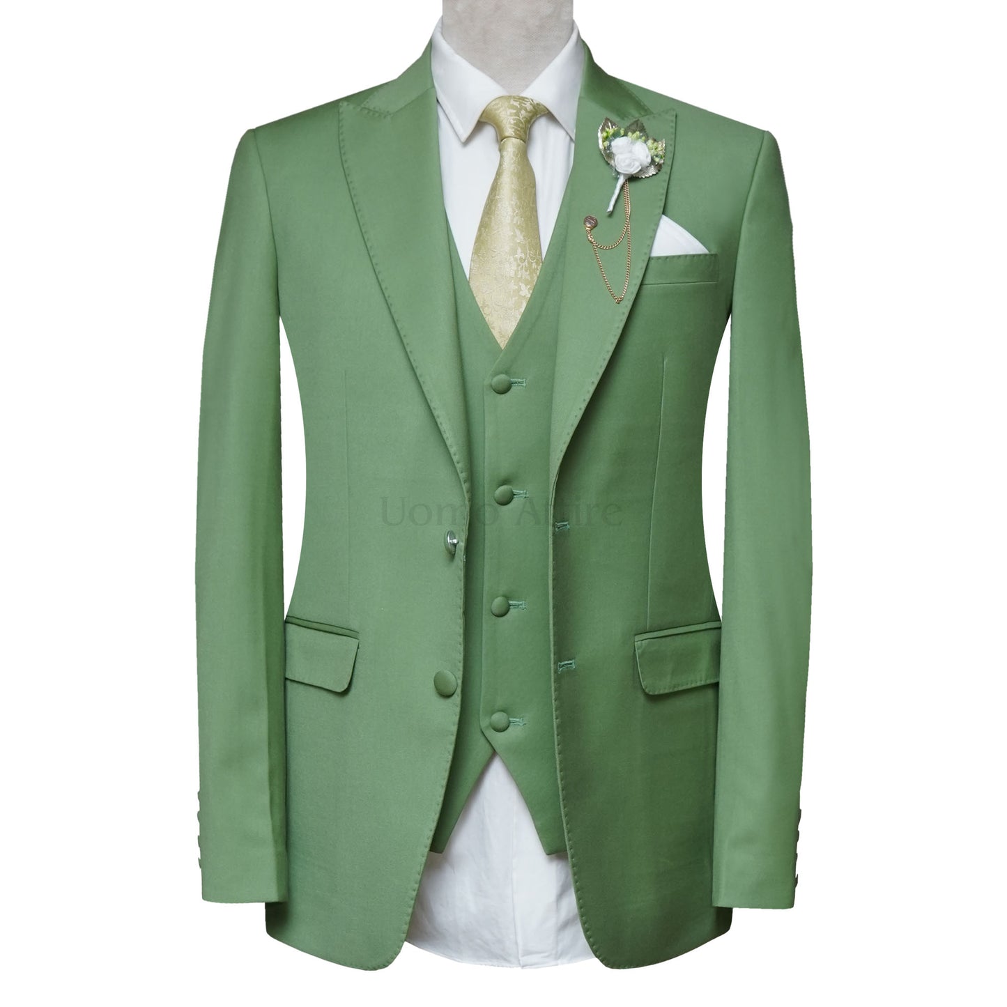 Men's Green 3 Piece Suit with Golden Contrast Tie