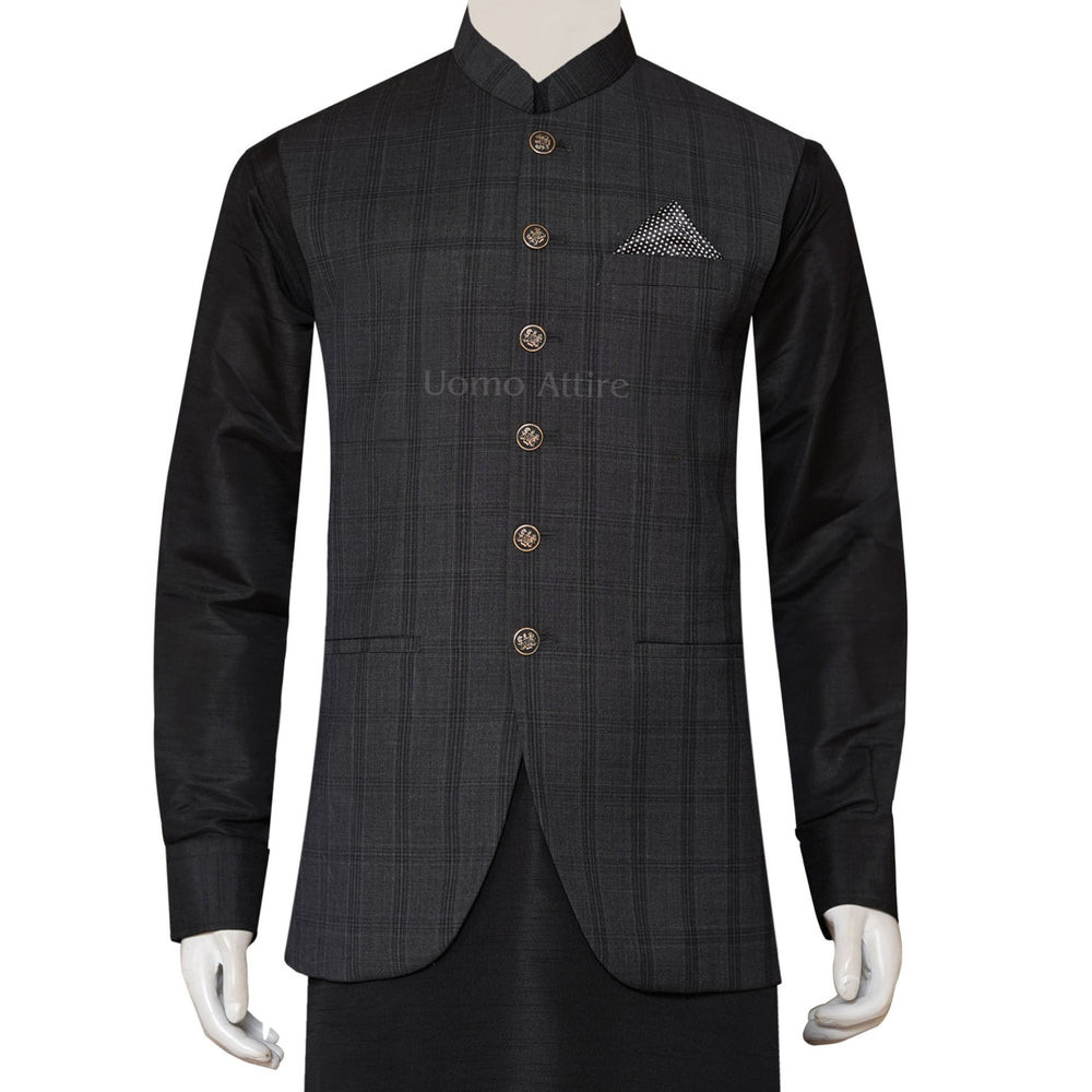 Mens Grey Waistcoat with black kurta pajama