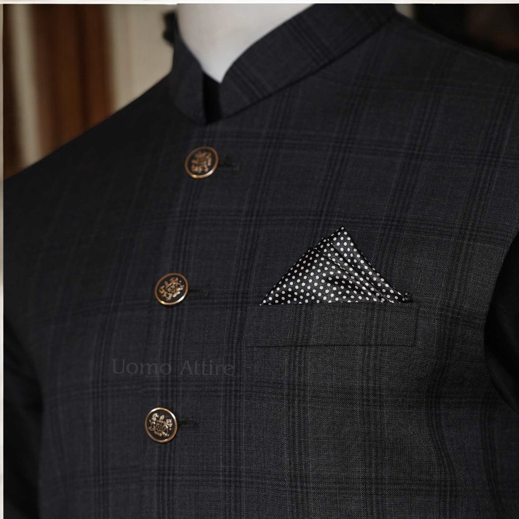 Mens Kurta Pajama with Grey Plaid Waistcoat