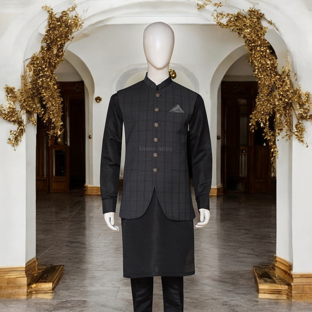 Mens black kurta pajama with westcoat