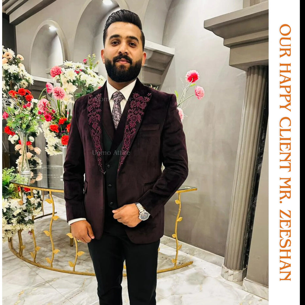 Maroon Velvet Embroidered 3-Piece Tuxedo Worn By Mr. Zeeshan
