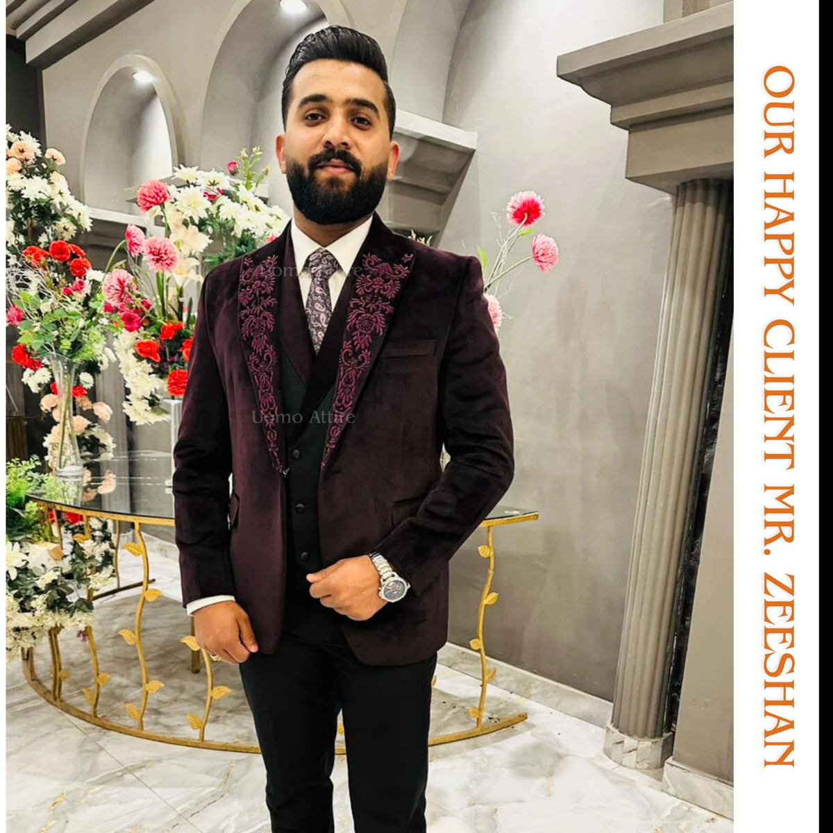 Maroon Velvet Embroidered 3-Piece Tuxedo Worn By Mr. Zeeshan
