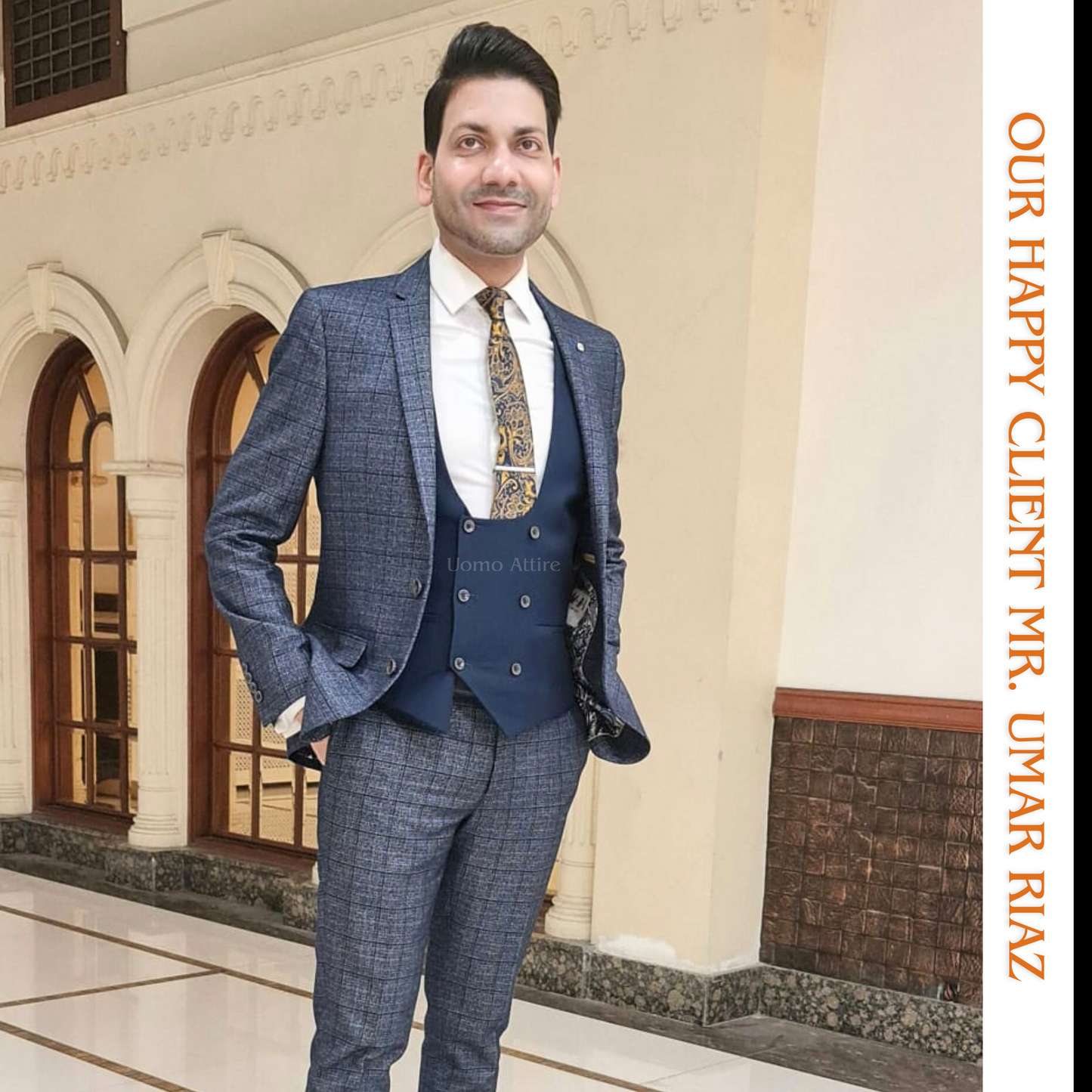 
                  
                    Our Valued Happy Client Mr. Umar Riaz in Check 3 Piece Suit
                  
                
