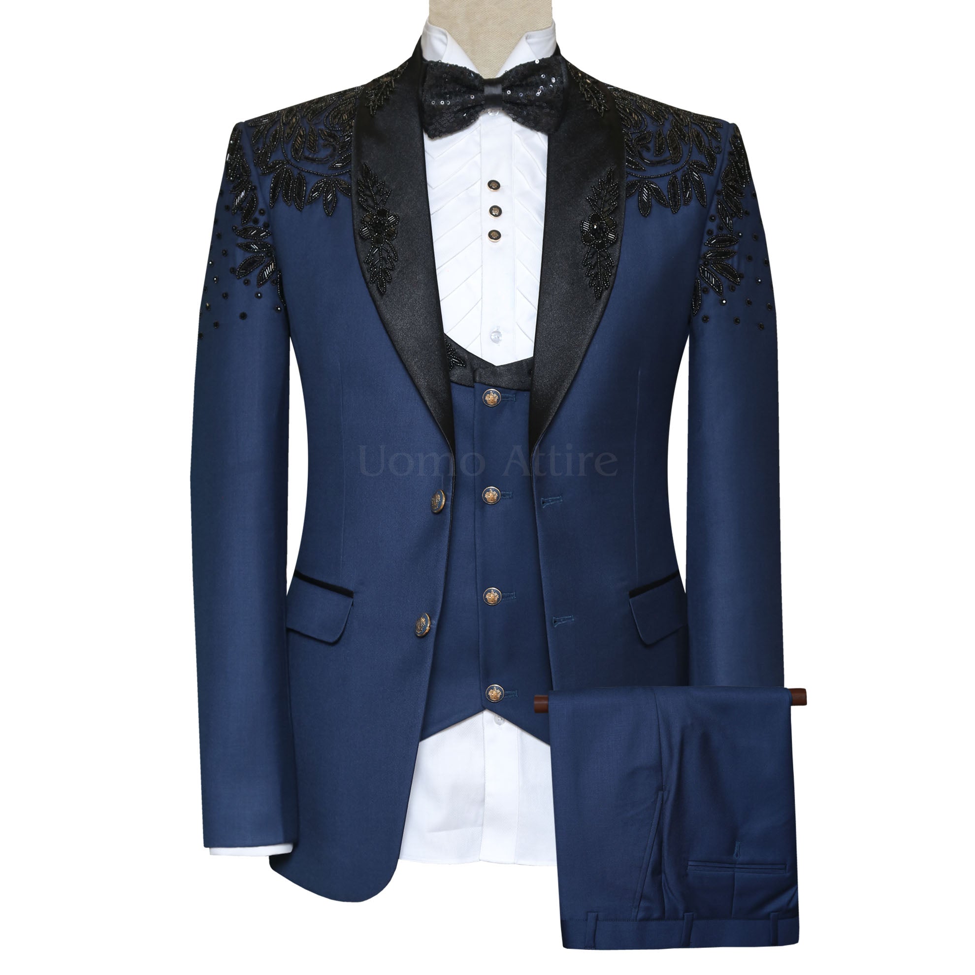 Handmade navy blue groom tuxedo with black shawl lapel
