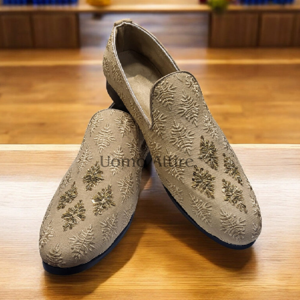 Luxurious Ivory Gold Customize Shoes for Groom With Emblishment