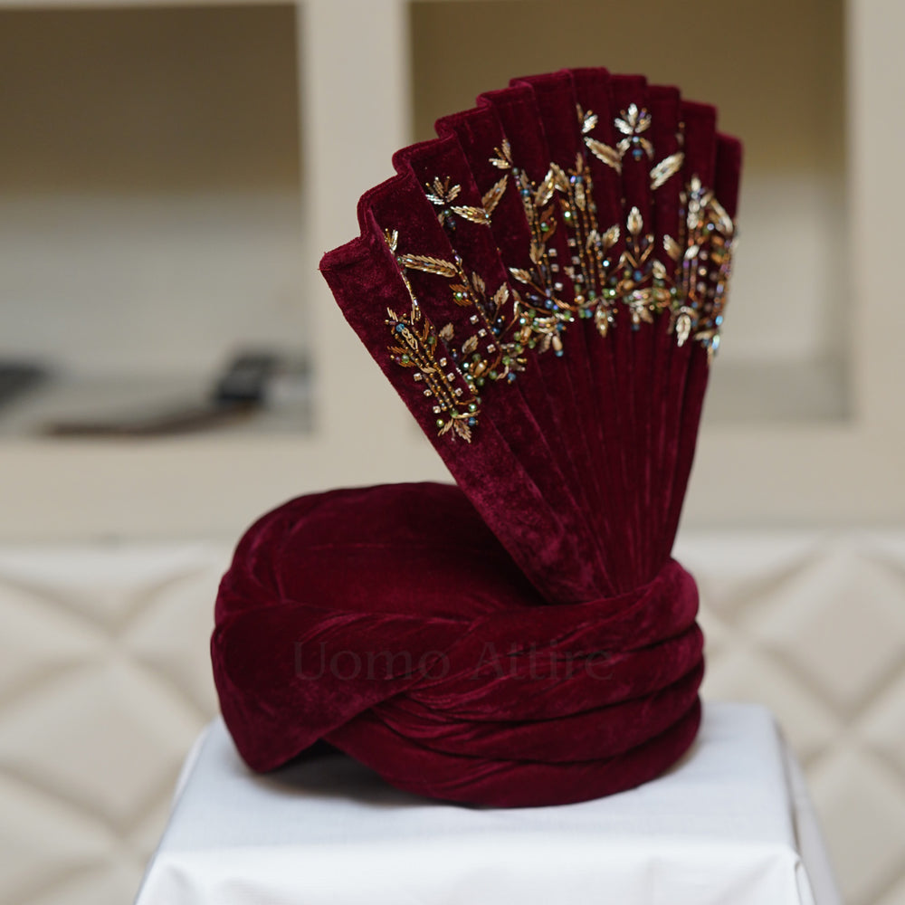 Custom Made Velvet Maroon Turban for Groom with Golden Hand Embellishment