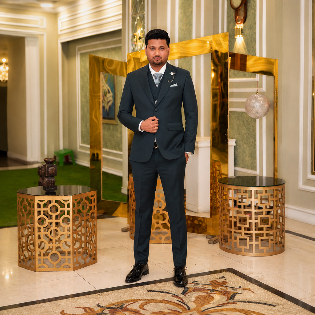Dark Teal Suiting Fabric 3-Piece Suit for Men Worn By Mr. M Nouman
