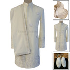 Off White Karandi Silk Groom Sherwani with Shoes, Turban, and Shawl