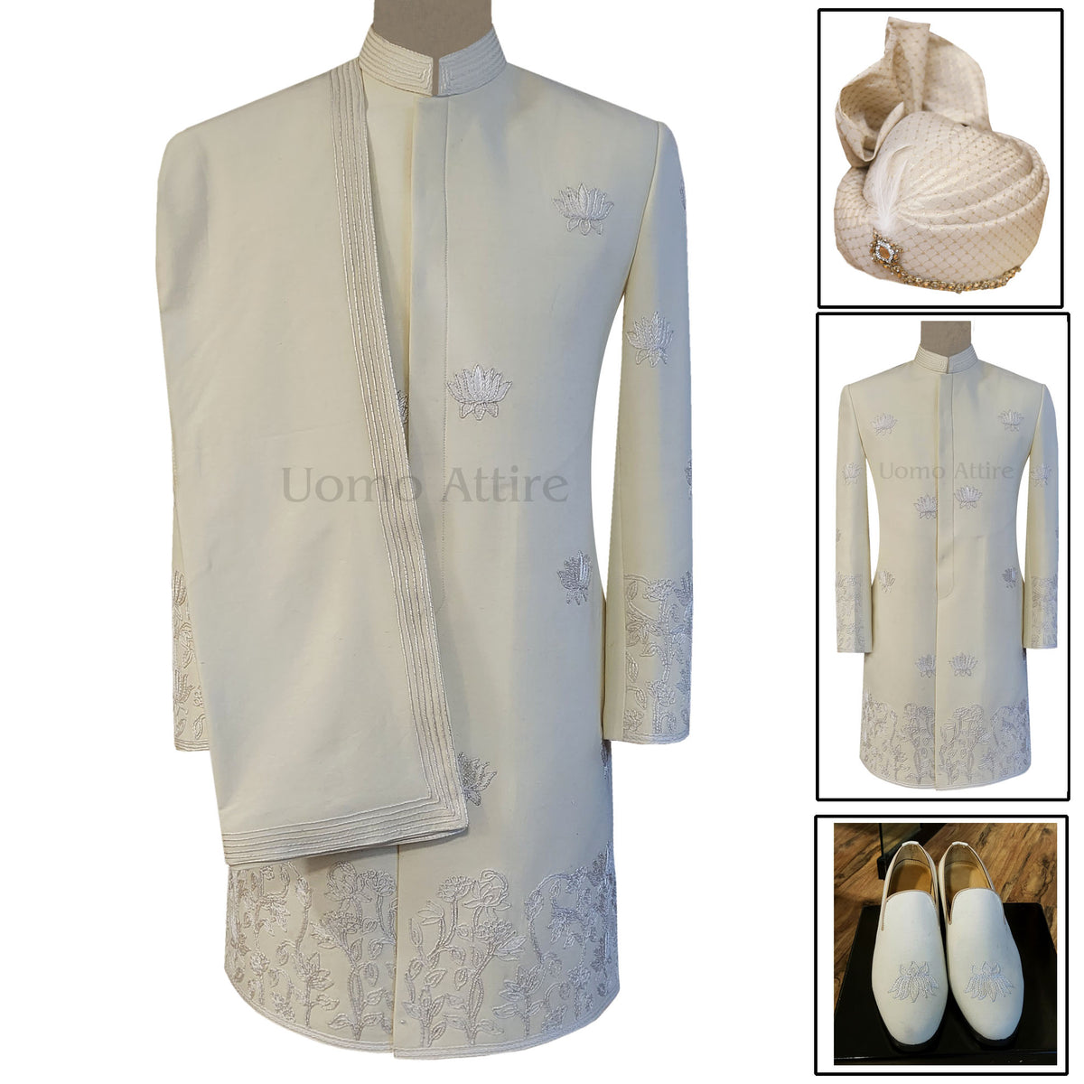 Off White Karandi Silk Groom Sherwani with Shoes, Turban, and Shawl ...
