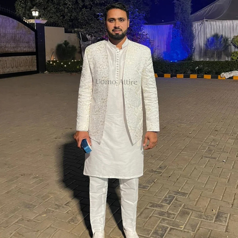 Off-White Embroidered Prince Coat for Groom with Kurta Pajama – Perfect Wedding Outfit