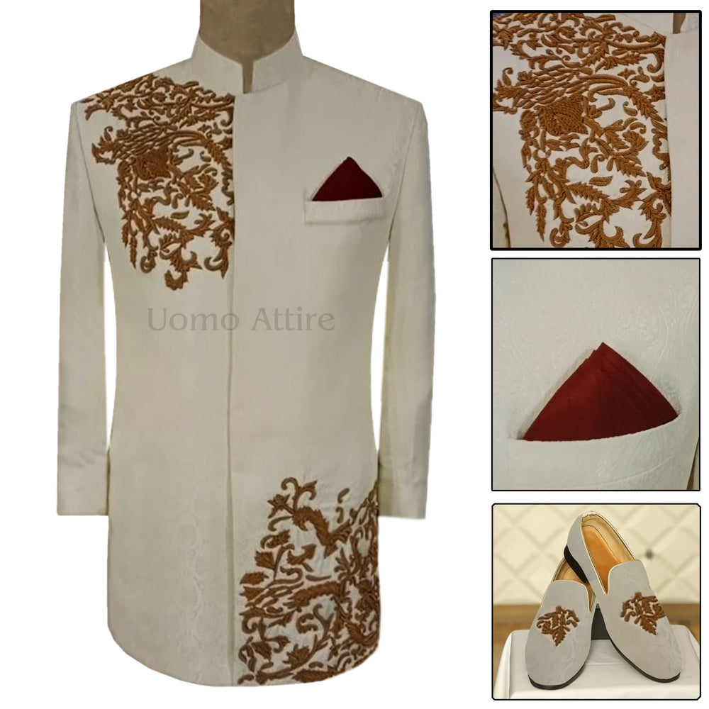 Off White Sherwani for Short Height Groom Uomo Attire