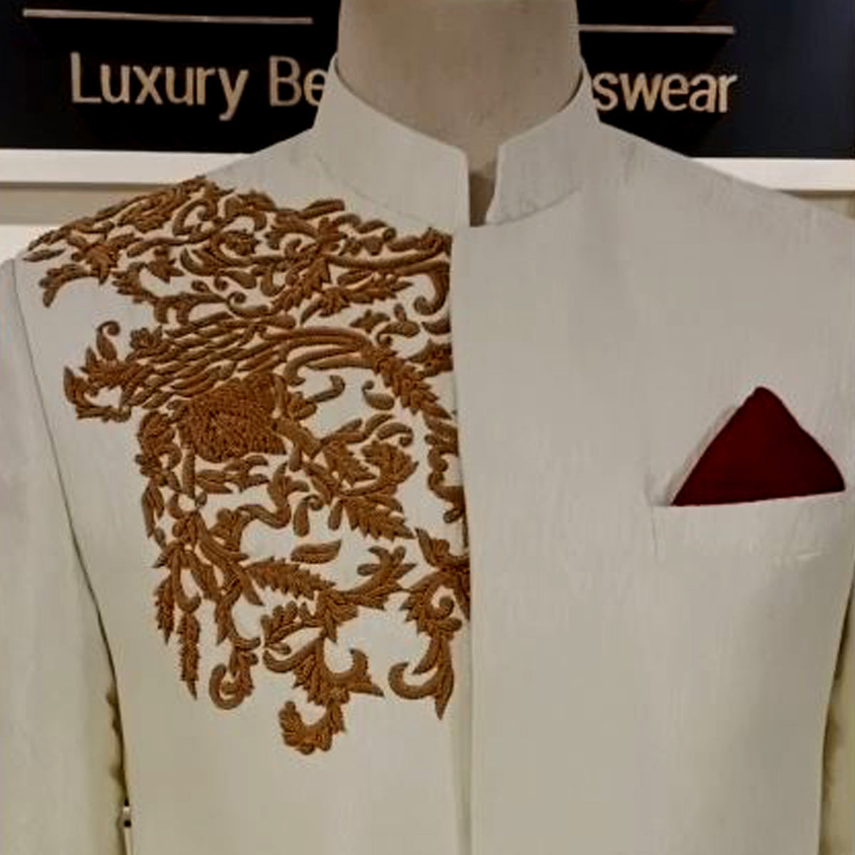 Off White Sherwani for Short Height Groom with golden hand embellishments