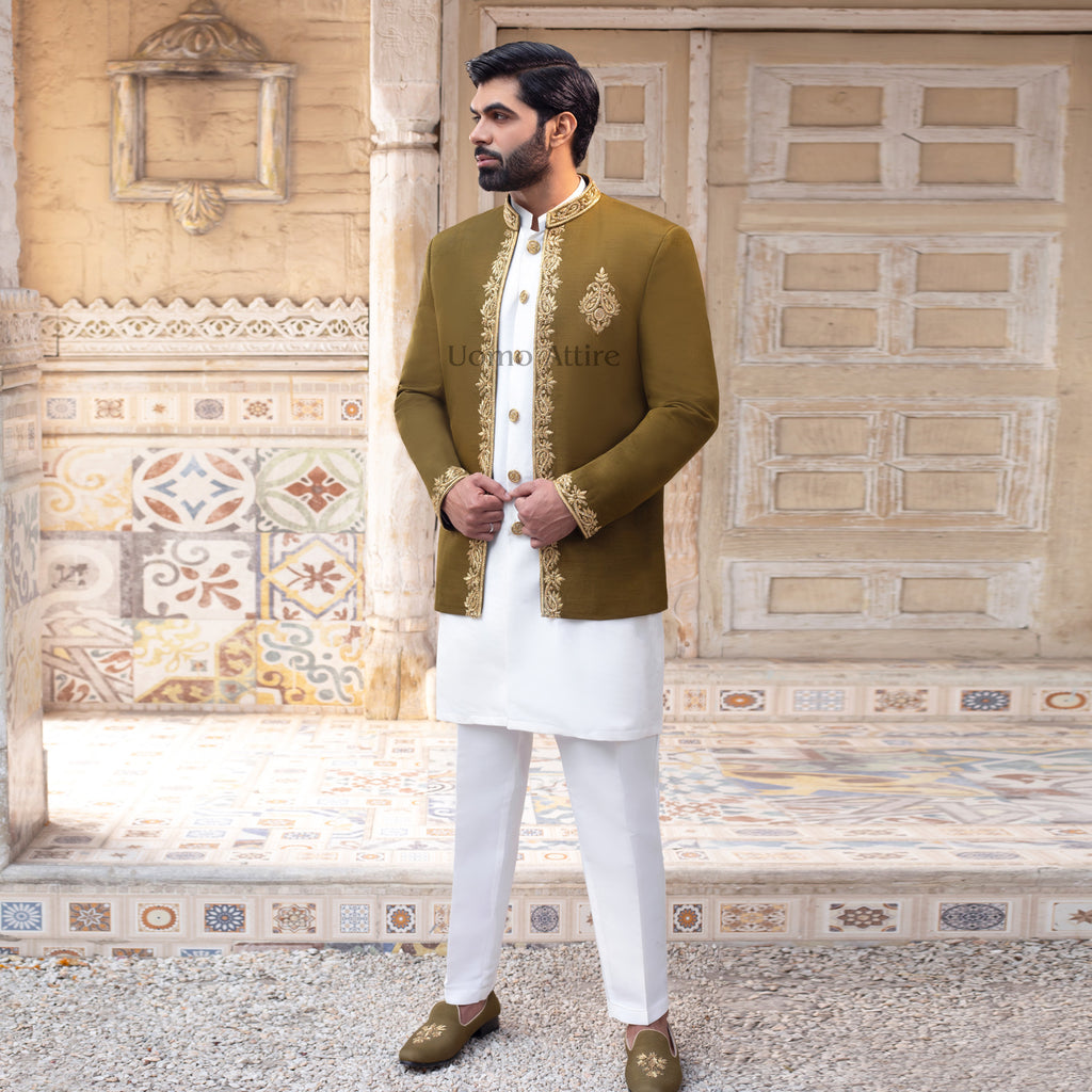Perfect Blend of Tradition and Modernity with Our Custom-Made Olive Green Prince Coat