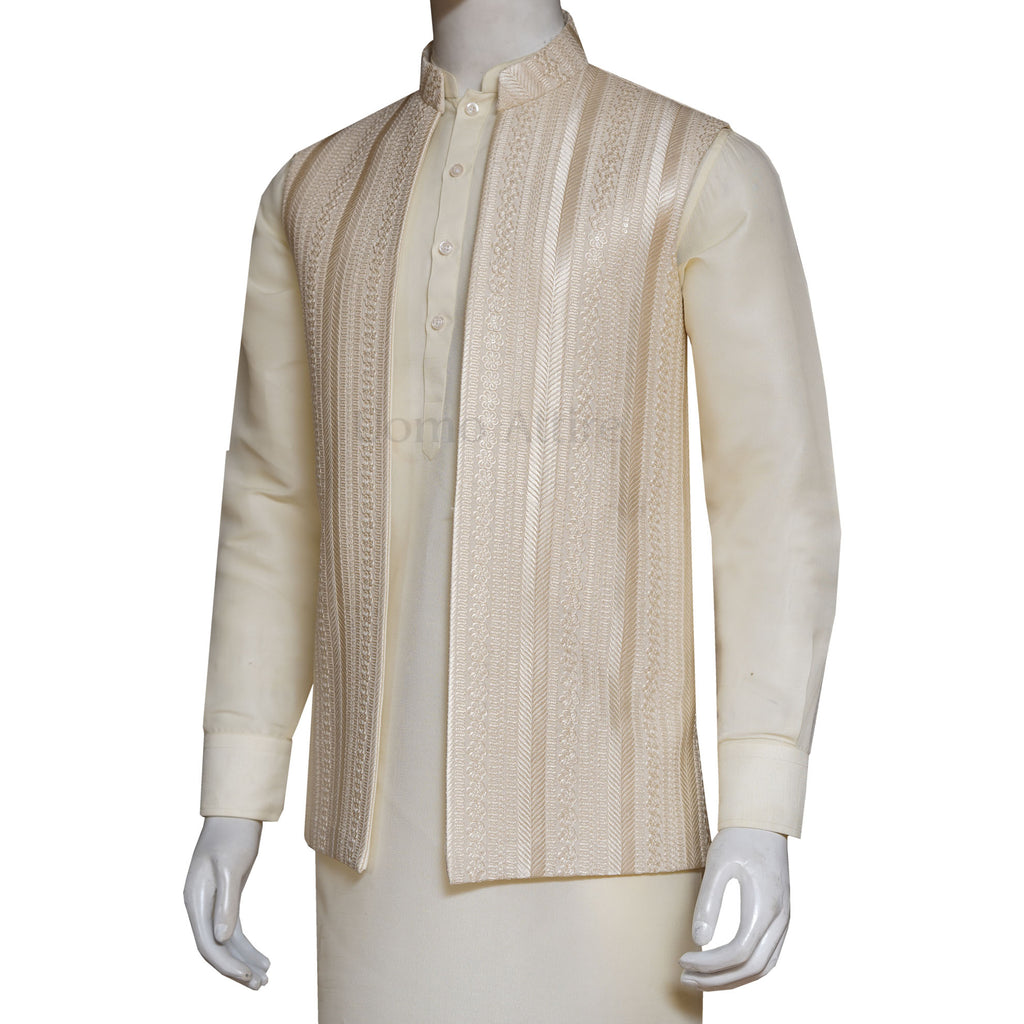 Open Front Beige Waistcoat with Contrast Embroidery | Groom Waistcoat